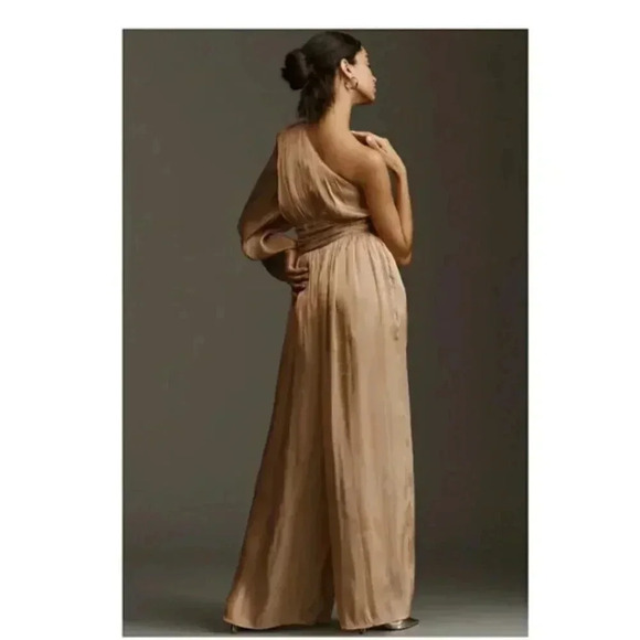 NWT By Anthropologie One Shoulder Metallic Gold Bronze Wide Leg Sheen Jumpsuit - Picture 4 of 8
